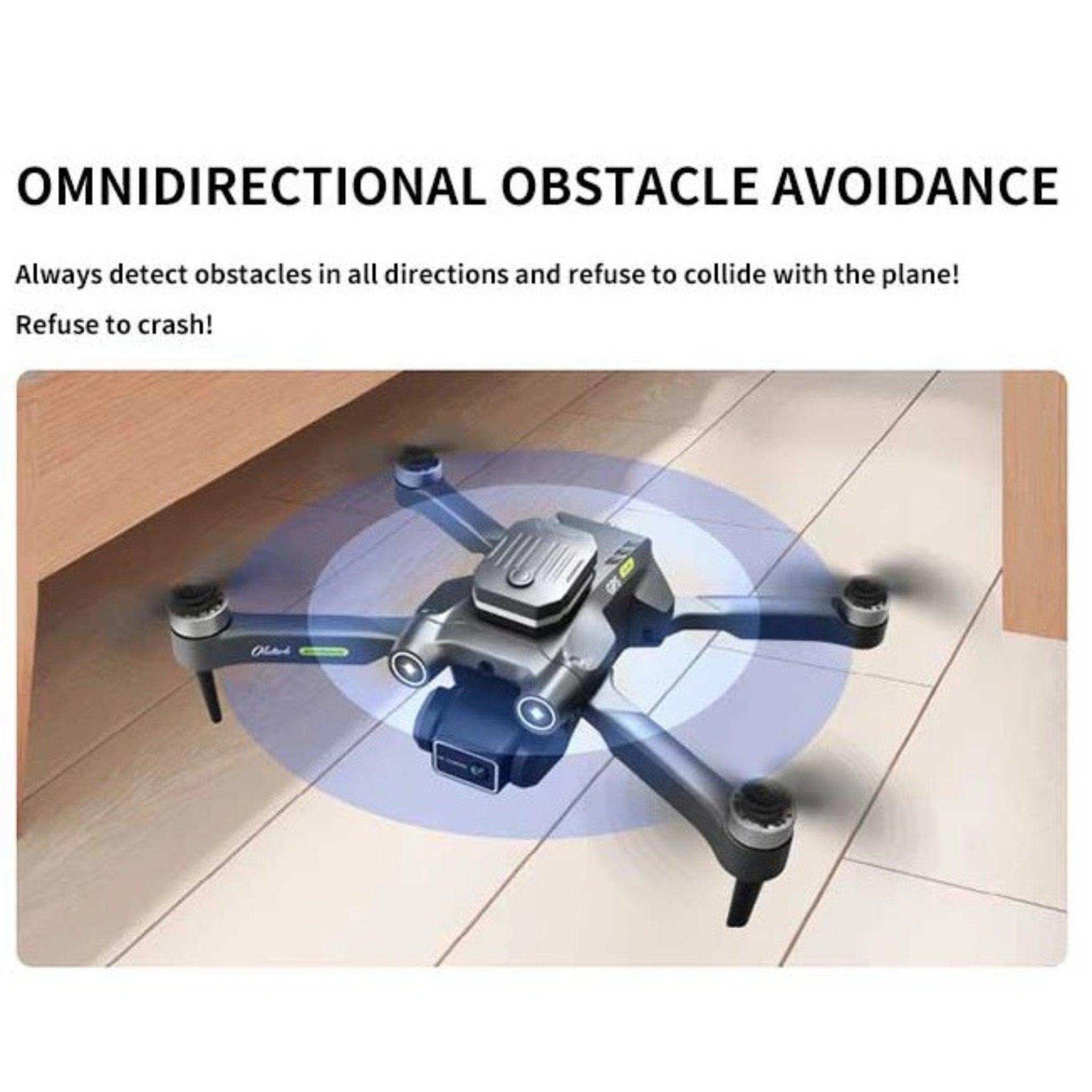 Mini foldable RC quadcopter drone with omnidirectional obstacle avoidance on tile floor, TUTT