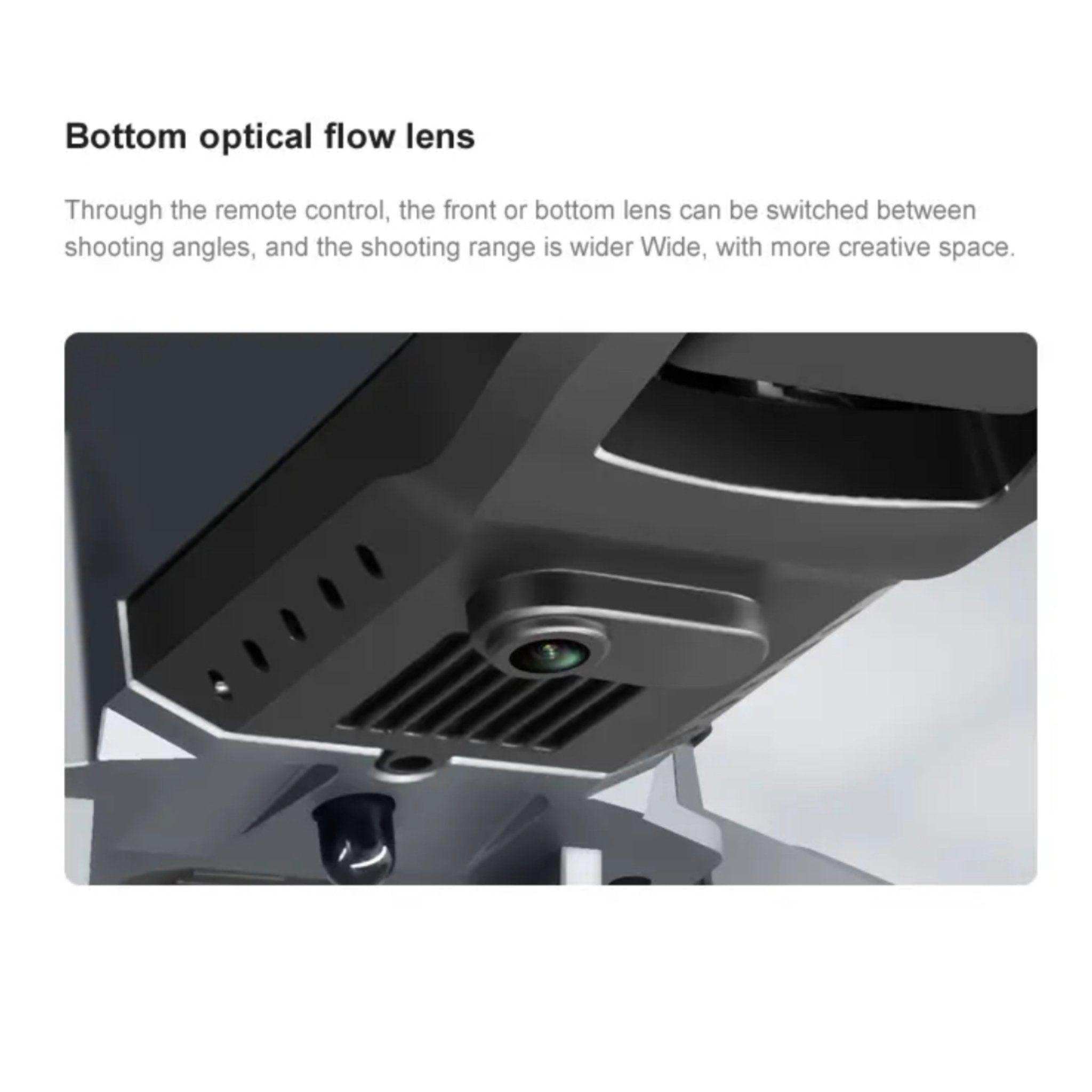 Close-up of bottom optical flow lens on foldable HD 4K mini drone for aerial photography TUTT