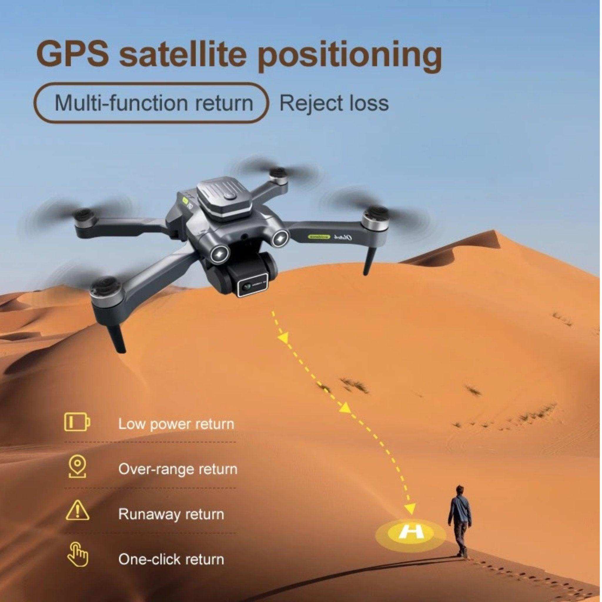 4K HD GPS mini drone flying over desert with auto return, man and landing pad visible TUTT