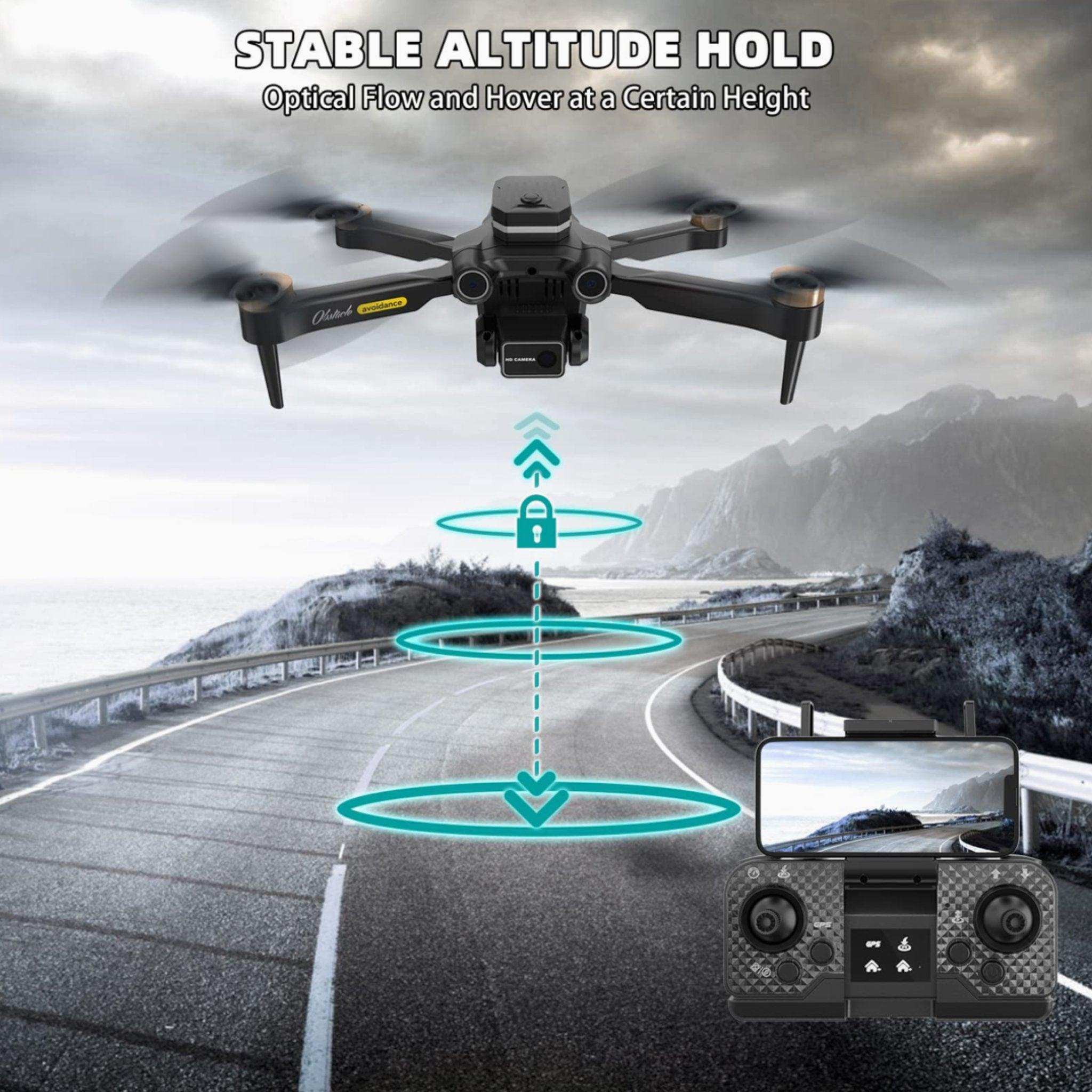 4K HD GPS mini drone with foldable arms hovering above a winding road, remote controller displayed, mountainous landscape, stable altitude hold feature shown. TUTT