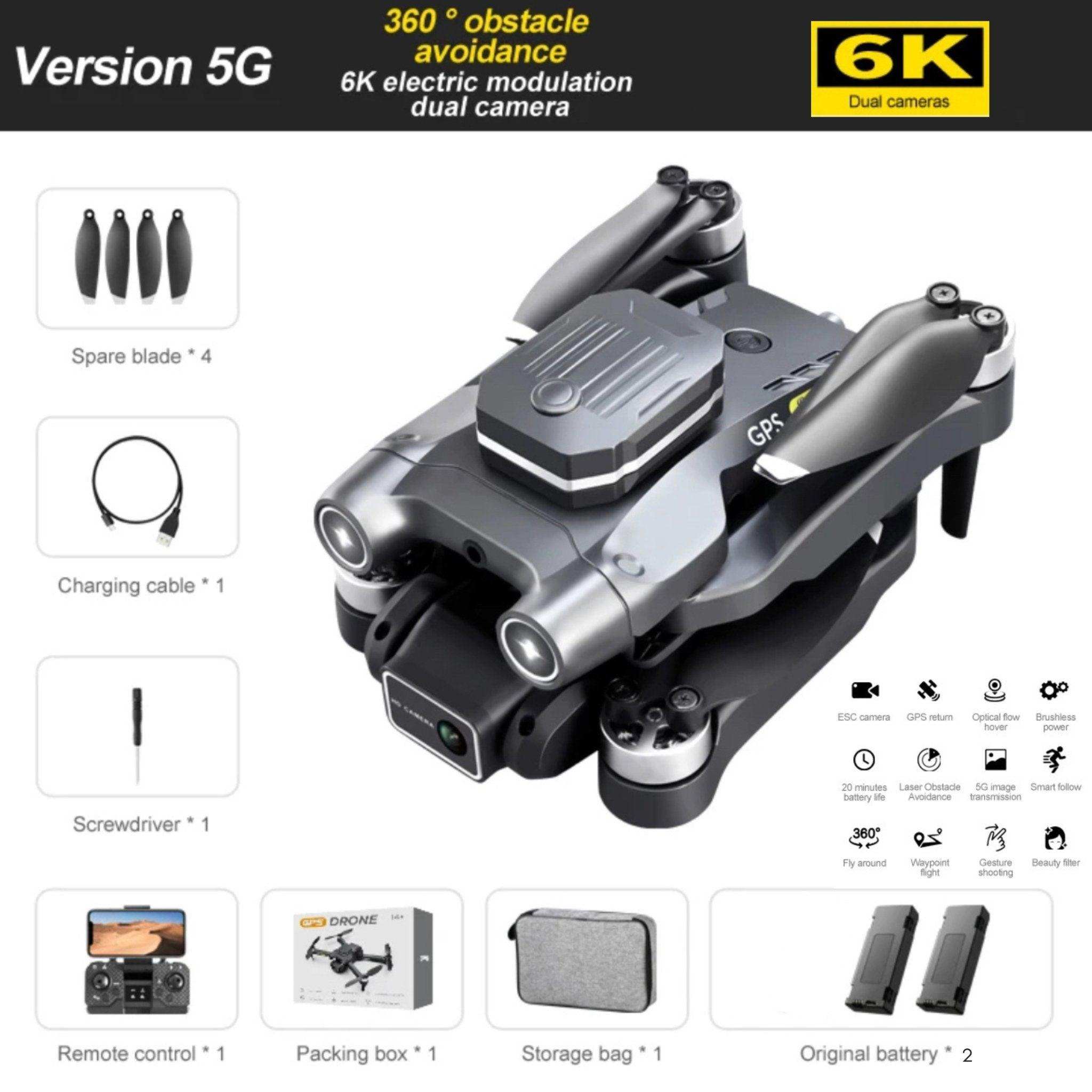 Foldable GPS mini drone with 6K dual cameras, spare blades, remote, accessories and storage bag, TUTT