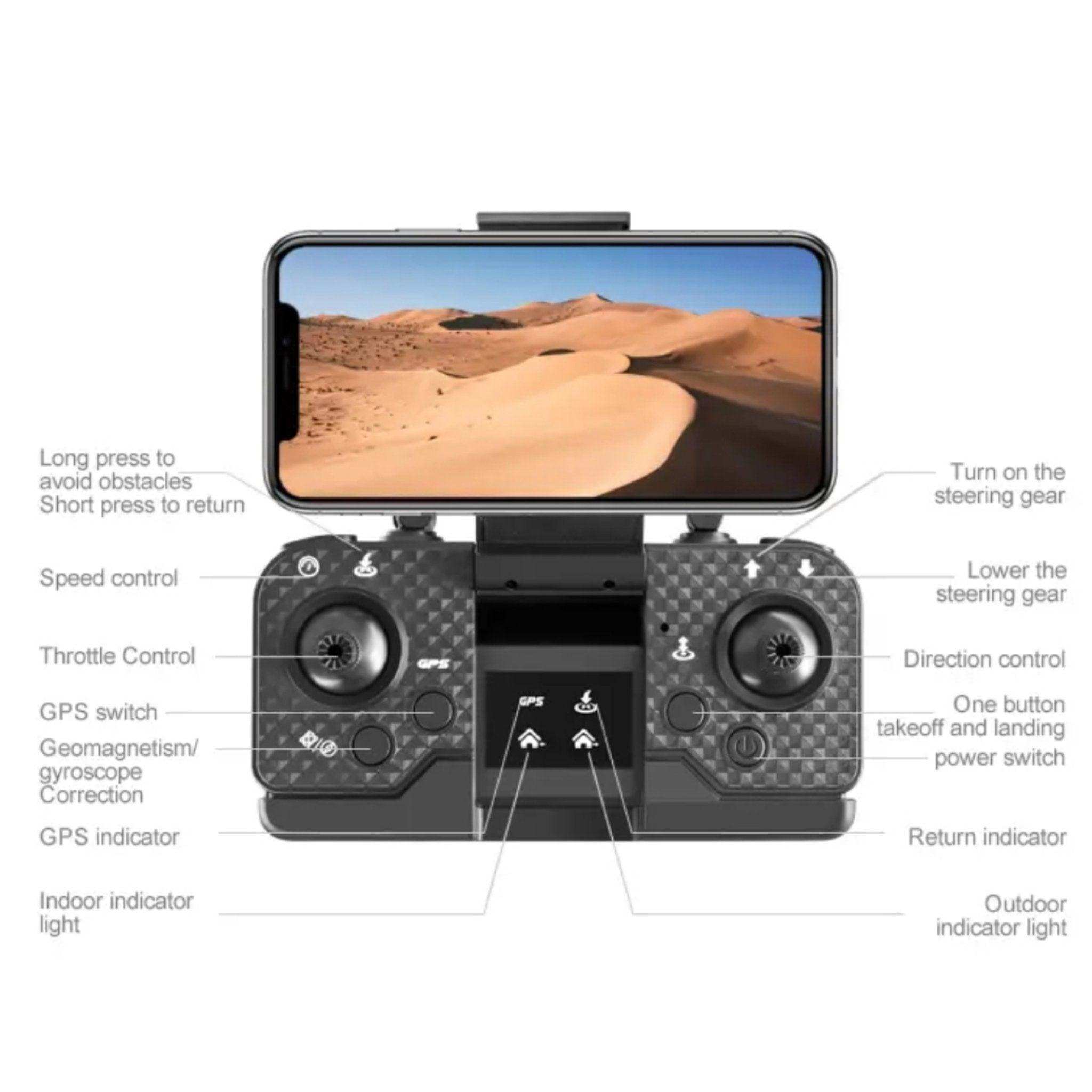 Mini drone remote controller with smartphone display, labeled GPS and flight controls, desert landscape. TUTT