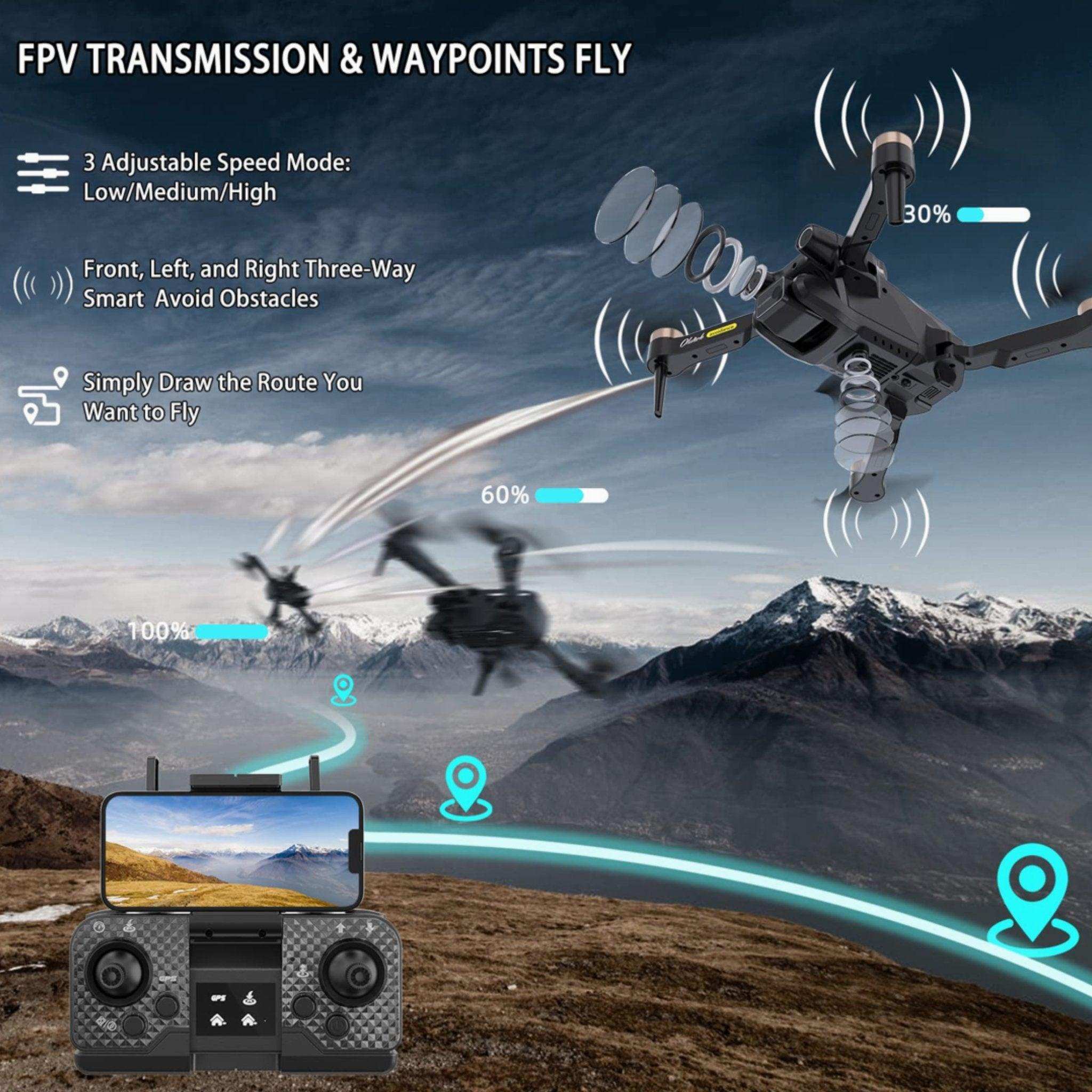 Mini drone with remote flying over mountains, showing GPS waypoints and FPV transmission features, TUTT