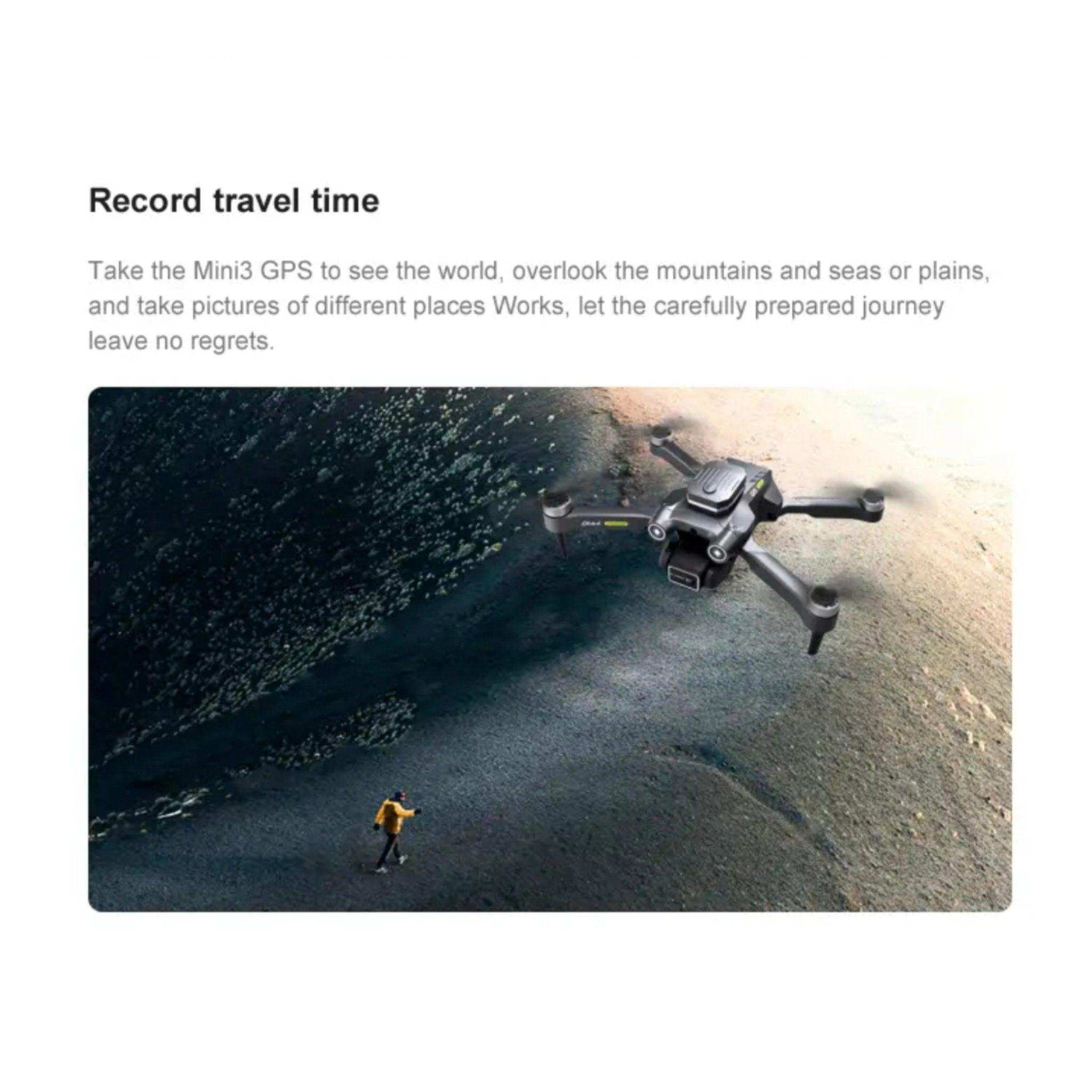 4K HD GPS mini drone flying above landscape with person standing on ground, foldable quadcopter TUTT