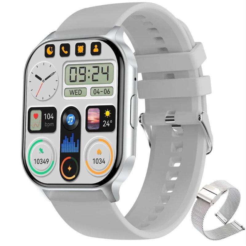 White AMOLED smart watch with fitness tracker, heart rate, and extra strap, TUTT