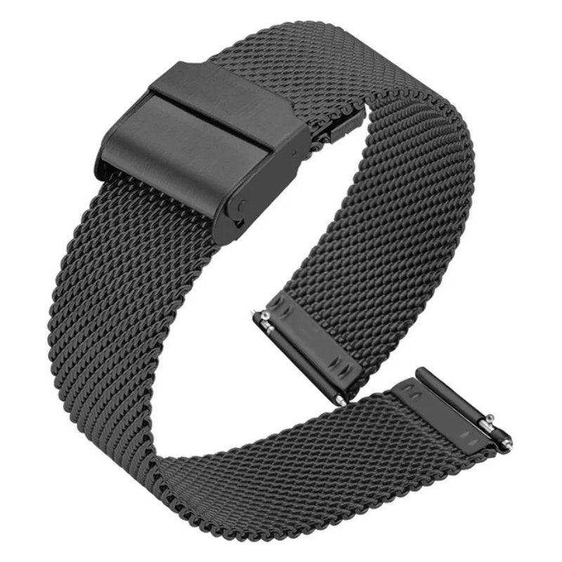 Black stainless steel mesh smartwatch band with secure clasp and quick-release pins, TUTT