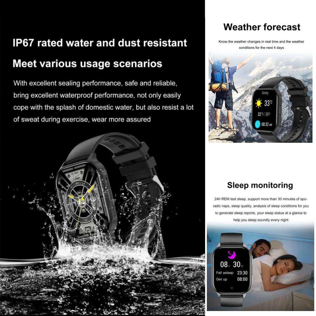 TUTT H6 AMOLED smartwatch in water, weather forecast and sleep monitoring features shown, IP67 waterproof TUTT