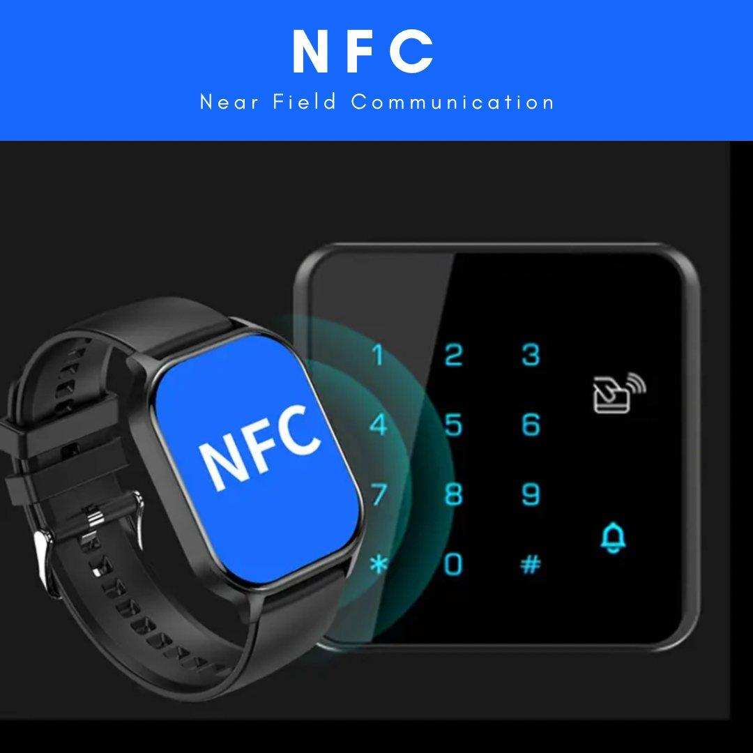 Black smart watch with blue NFC screen near digital keypad, promoting NFC smart watch TUTT