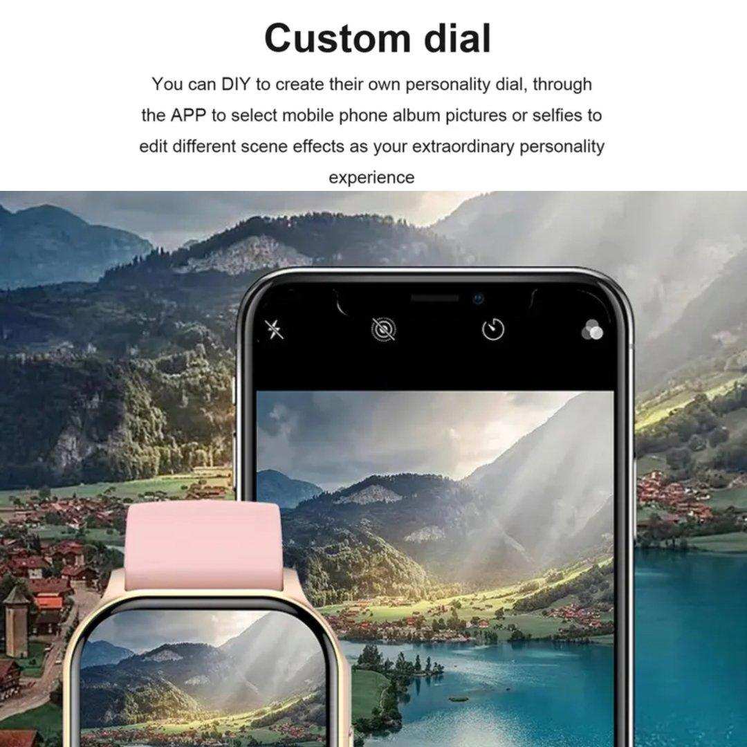 TUTT H6 AMOLED smart watch with pink strap displaying custom dial, mountains and lake in background TUTT
