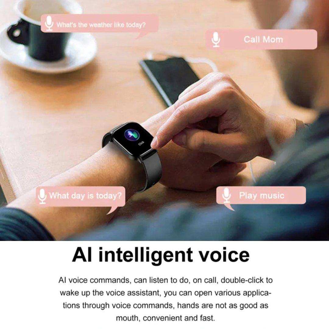 Person using TUTT H6 AMOLED smart watch with AI voice assistant, voice command icons visible, modern tech TUTT