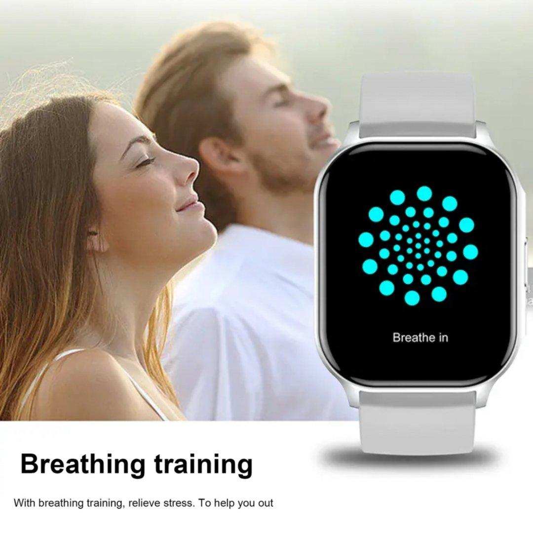 Smartwatch with breathing training feature and two relaxed people outdoors, TUTT