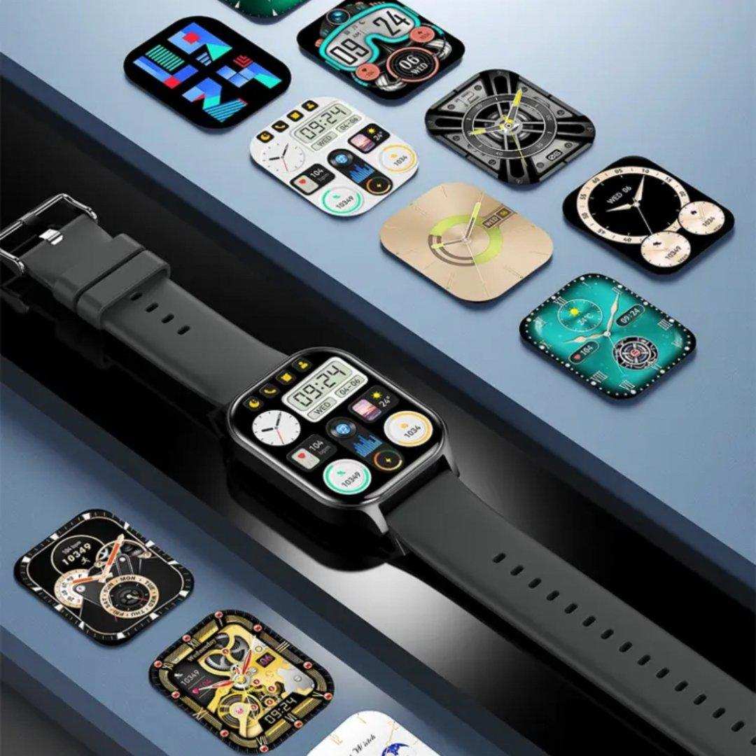 Black square smart watch with AMOLED display and multiple colorful watch faces, TUTT