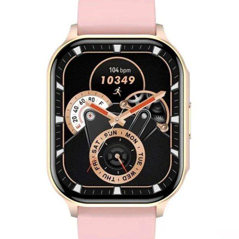 Gold rectangular AMOLED smartwatch with pink strap, digital dial, fitness tracking. TUTT