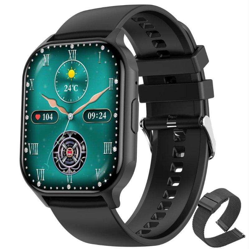 Black AMOLED smart watch with round teal face, fitness and heart monitor, extra strap, TUTT