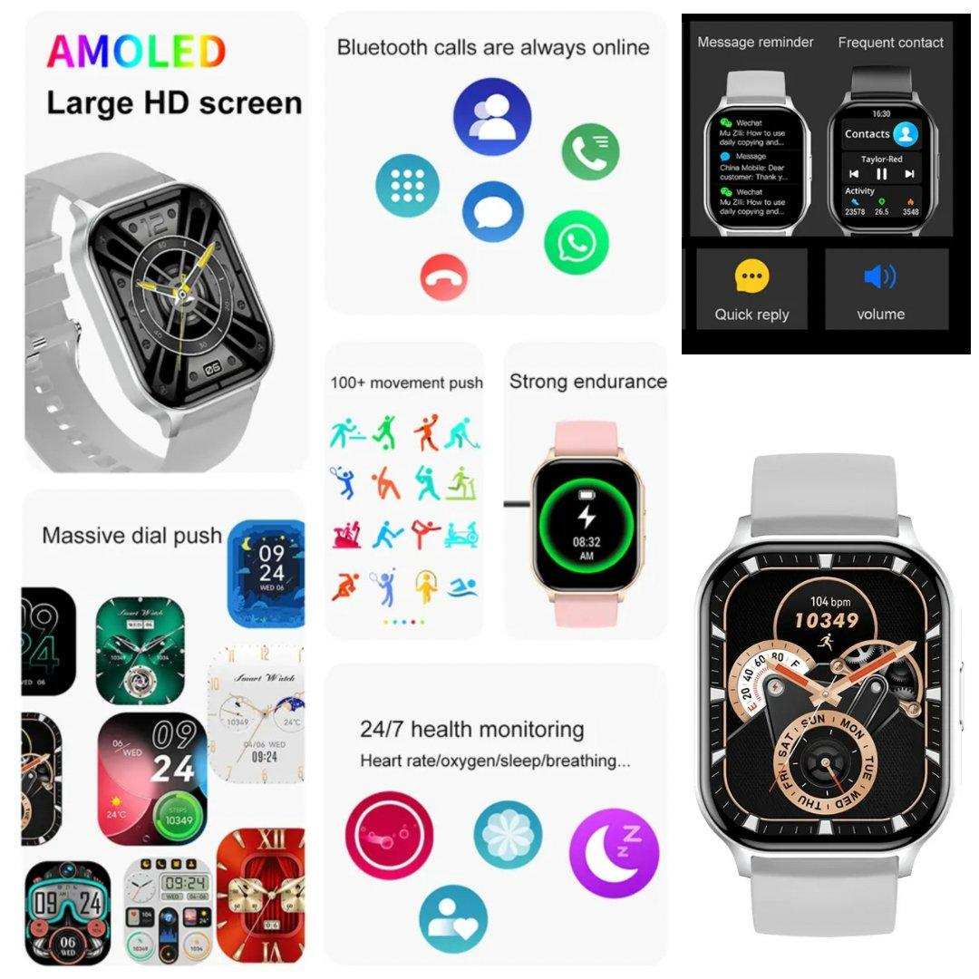 AMOLED smart watch with large HD screen, fitness tracking, health monitoring, message alerts, two straps TUTT