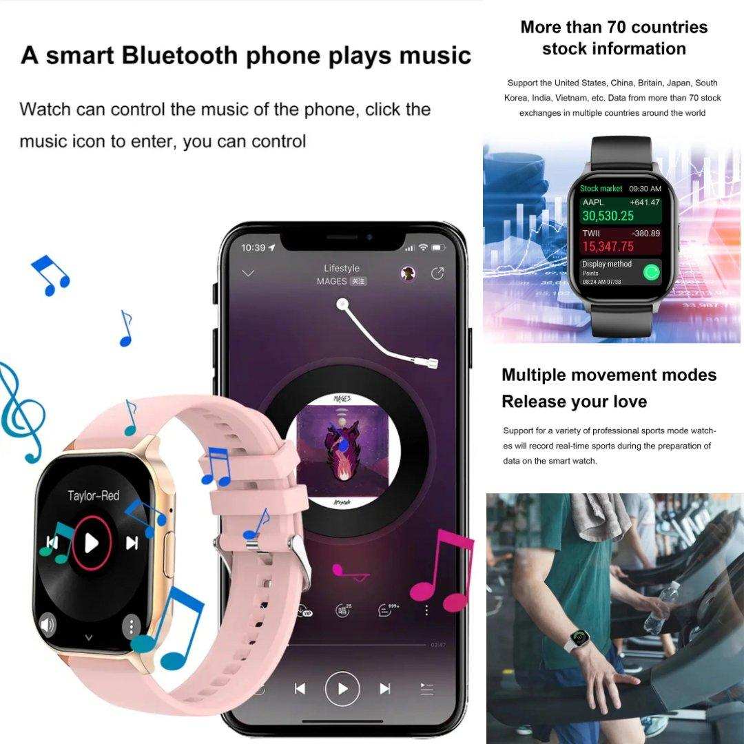 TUTT H6 AMOLED smart watch with pink strap, phone music control, fitness tracking and stock updates, TUTT