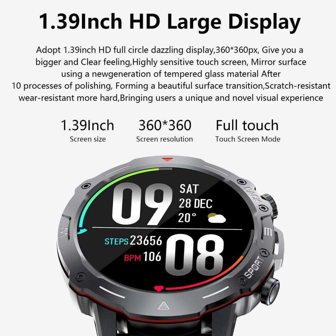 Men's outdoor sports smart watch with 1.39-inch HD display and fitness tracker features TUTT