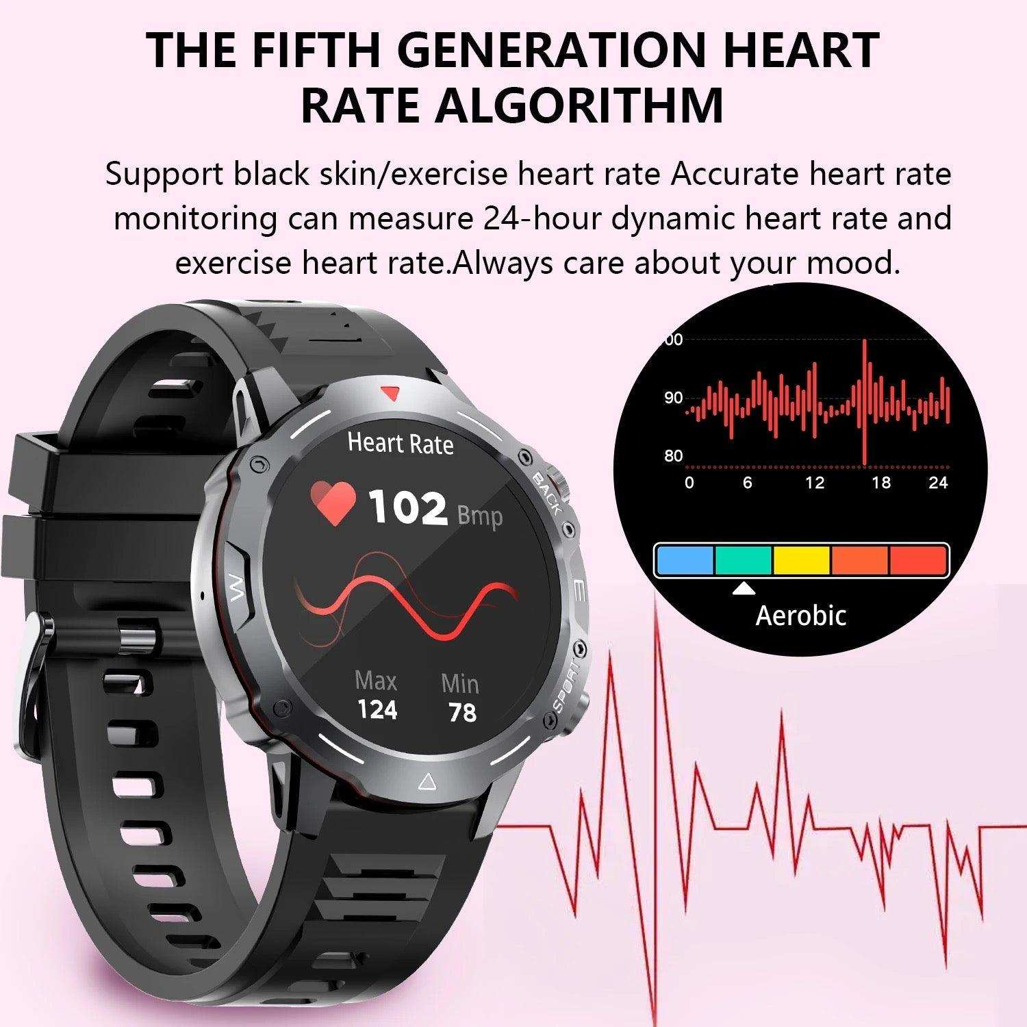 Men's black outdoor sport smartwatch showing heart rate, fitness tracking, health monitor, TUTT