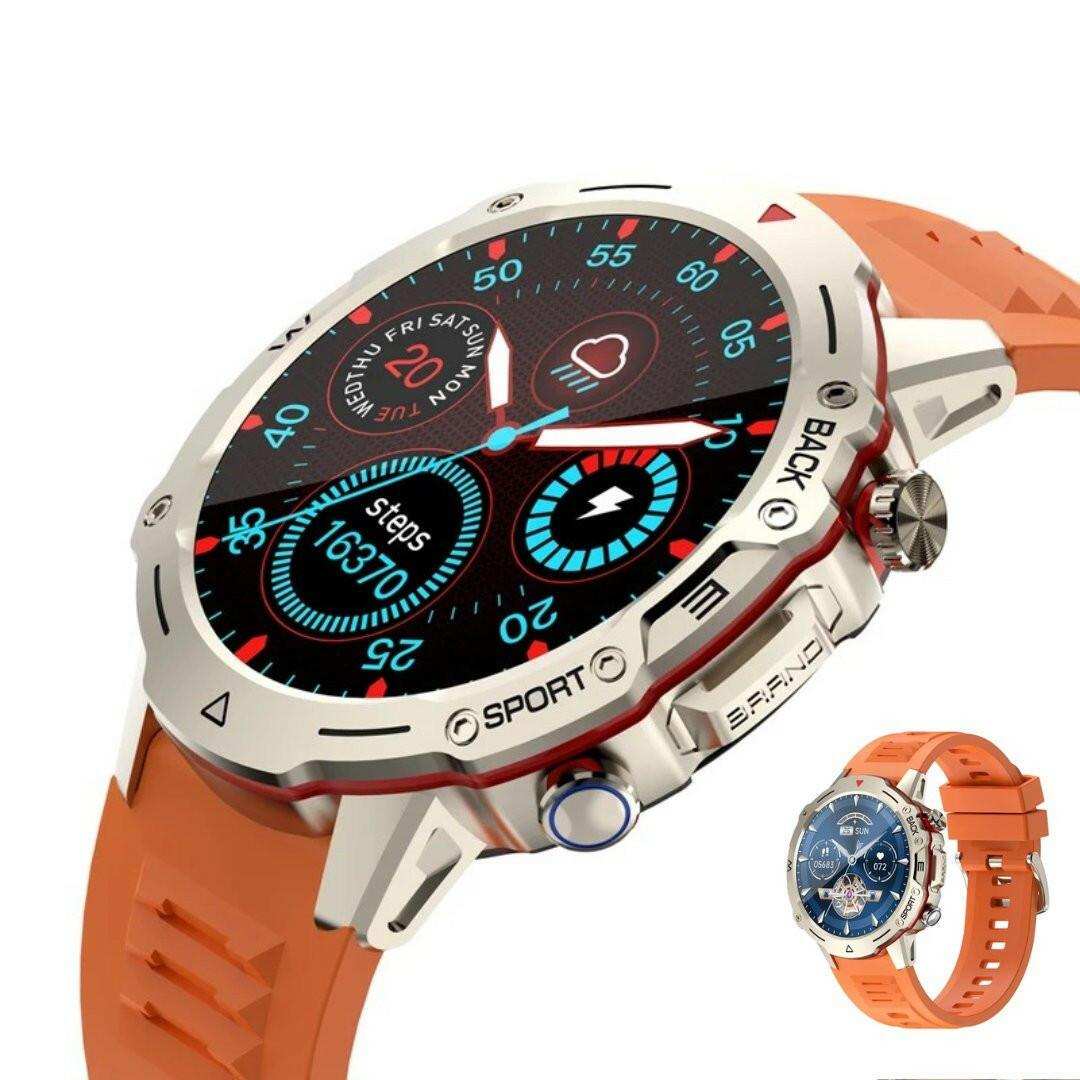 Men's outdoor sport smart watch with orange band, round display, fitness tracker features TUTT