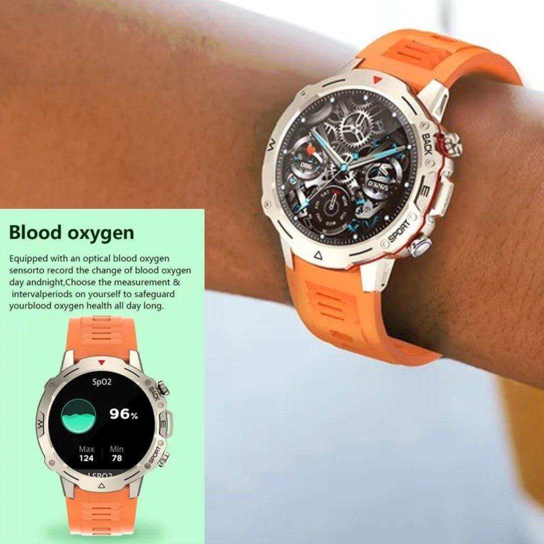 TUTT H9 men’s outdoor sport smartwatch with orange strap, health and SpO2 monitor display, worn on wrist. TUTT