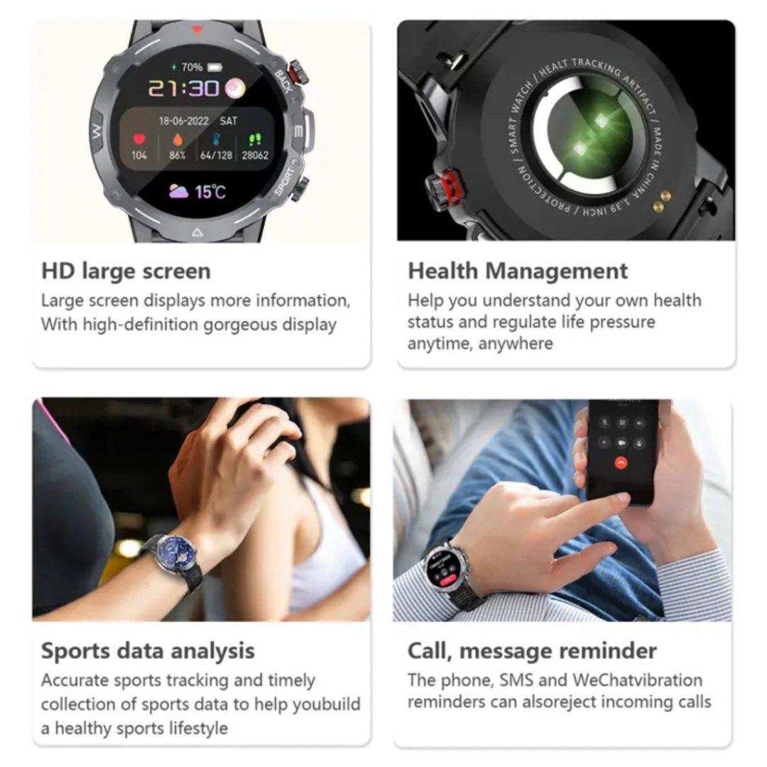 TUTT H9 men’s outdoor sport smart watch featured with HD large screen, fitness tracking, health management, and call reminders. TUTT