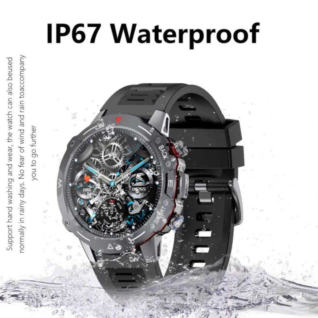 Black outdoor sport smartwatch with water splashes, IP67 waterproof rating, sporty design TUTT