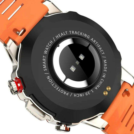 Close-up of smart watch back with orange strap, health tracking sensors, and markings, TUTT
