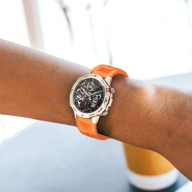 Men's outdoor sport smart watch with orange strap and stainless case on wrist TUTT