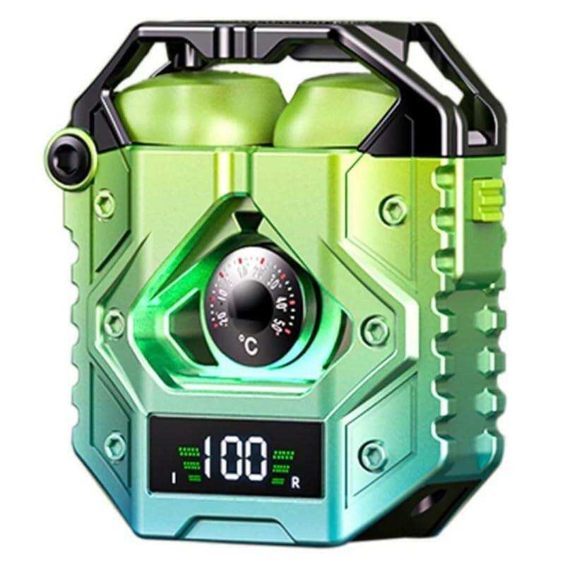 Metal zinc alloy TWS gaming headset case with LED display, thermometer, and futuristic design TUTT