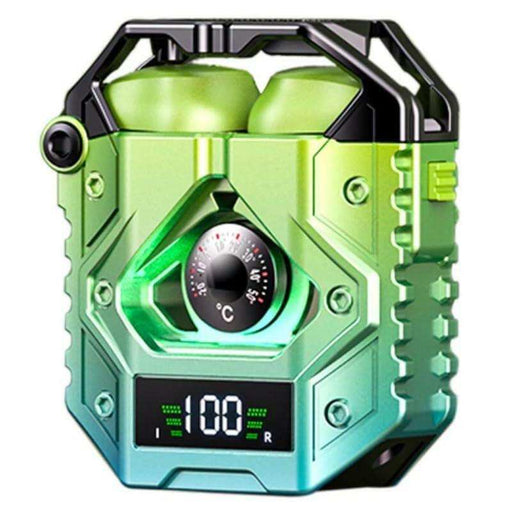 Metal zinc alloy TWS gaming headset case with LED display, thermometer, and futuristic design TUTT