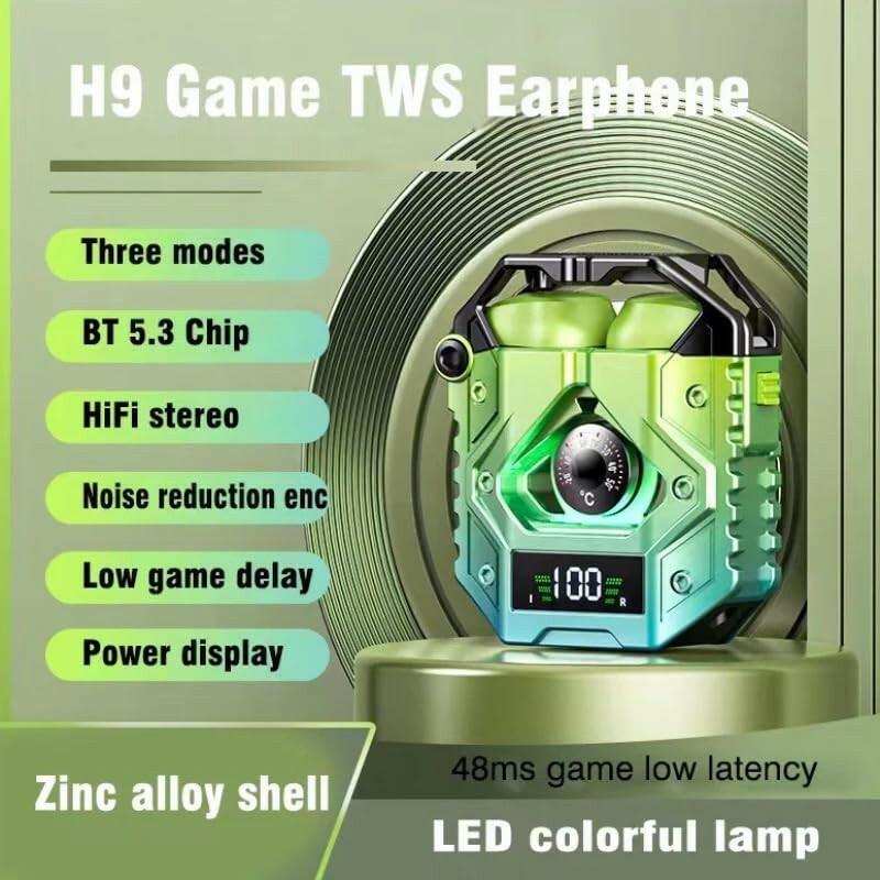 H9 TWS wireless gaming earbuds with zinc alloy shell, LED display, and BT 5.3 chip features. TUTT