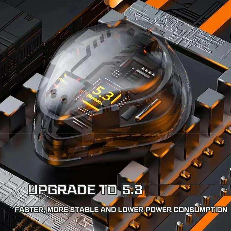 Bluetooth 5.3 chipset visual with futuristic circuit board and black-orange tech design TUTT