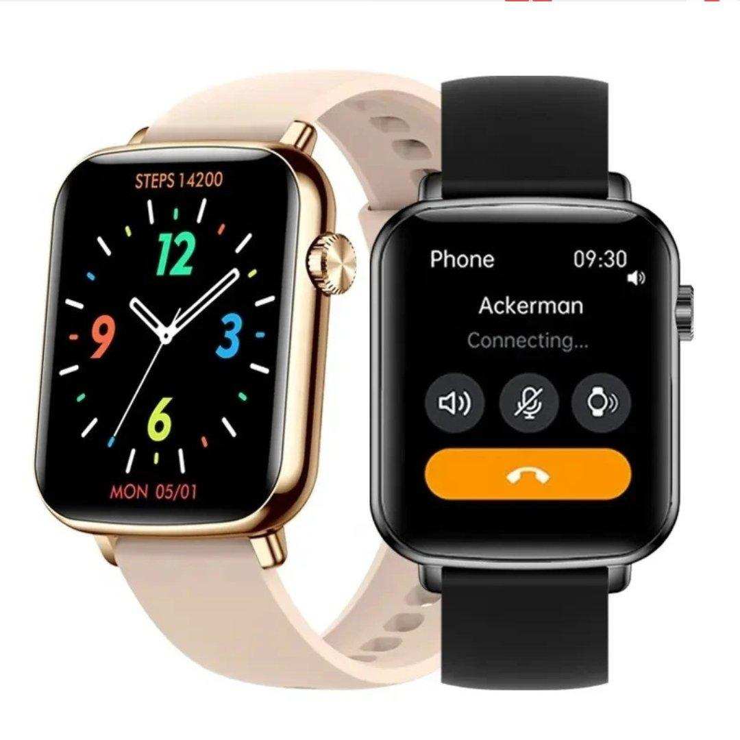 Two TUTT H90 smart watches, one gold with fitness tracking display, one black showing call screen, both with square 1.81-inch HD screens and rubber straps. TUTT