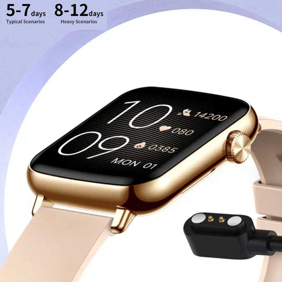 Gold fashion smartwatch with rectangular screen, fitness tracking, and charging connector. TUTT