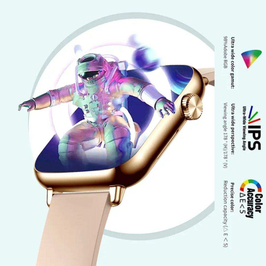 Gold smart watch with beige band displaying colorful astronaut on HD IPS screen, TUTT