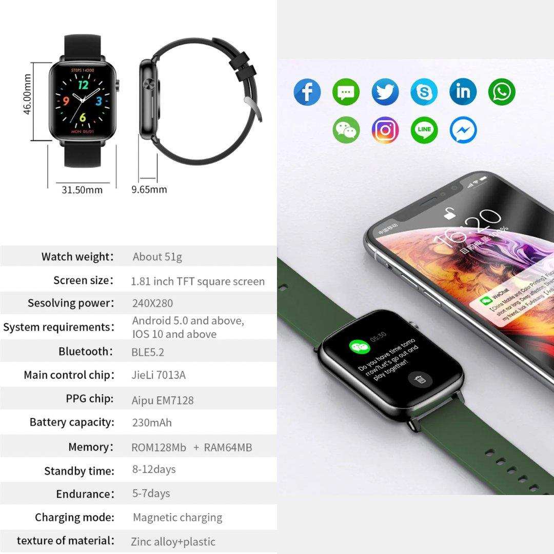 TUTT H90 smart watch for men and women, square HD screen, fitness tracker, phone notification TUTT