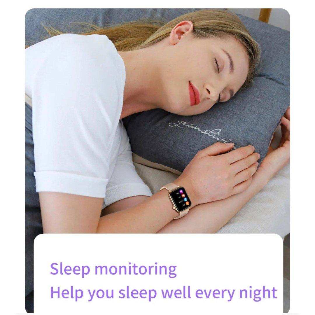 Woman sleeping while wearing a fashion smart watch with sleep monitoring feature, TUTT
