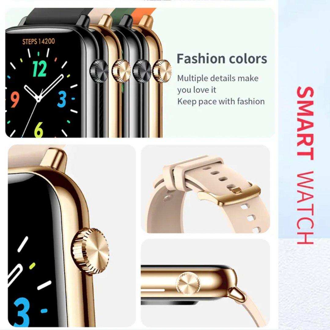 Fashion smart watch with gold and black case, colorful display, and beige strap, TUTT