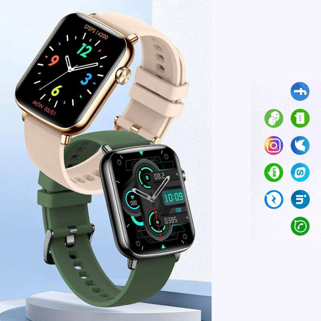 Two TUTT smart watches, one with a beige strap and colorful analog display, one with a green strap and digital interface, shown side by side with social media icons. TUTT