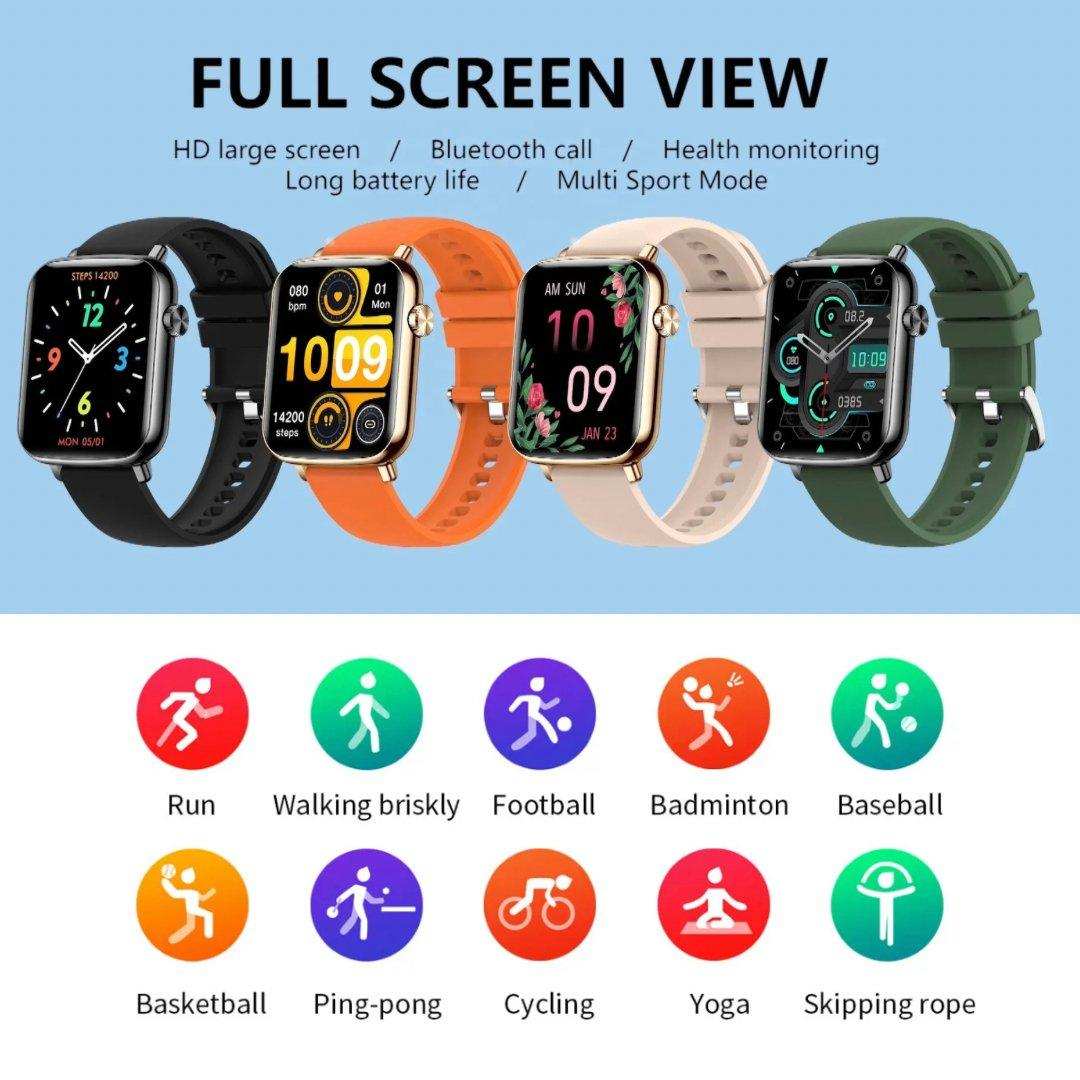 Four fashion smart watches with colorful straps and HD screens, fitness tracking icons below, TUTT