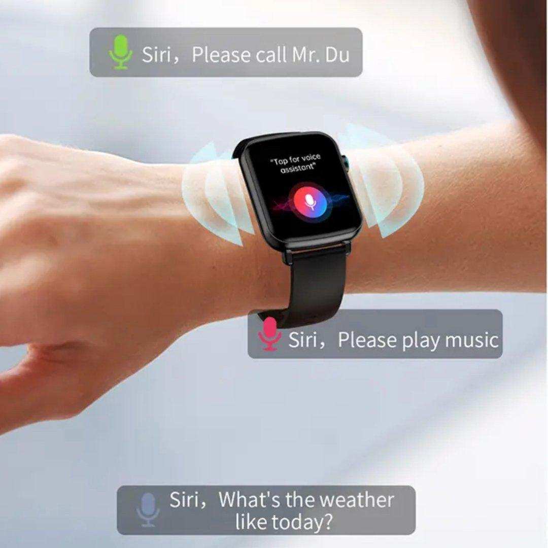 Person wearing black smart watch with voice assistant screen, featuring Siri commands. TUTT