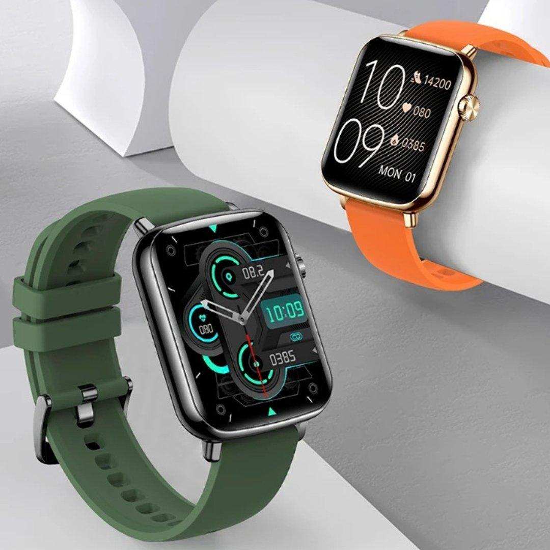 Two fashion smart watches, one with green strap showing digital fitness display, one with orange strap showing time and health stats, on minimalist background. TUTT