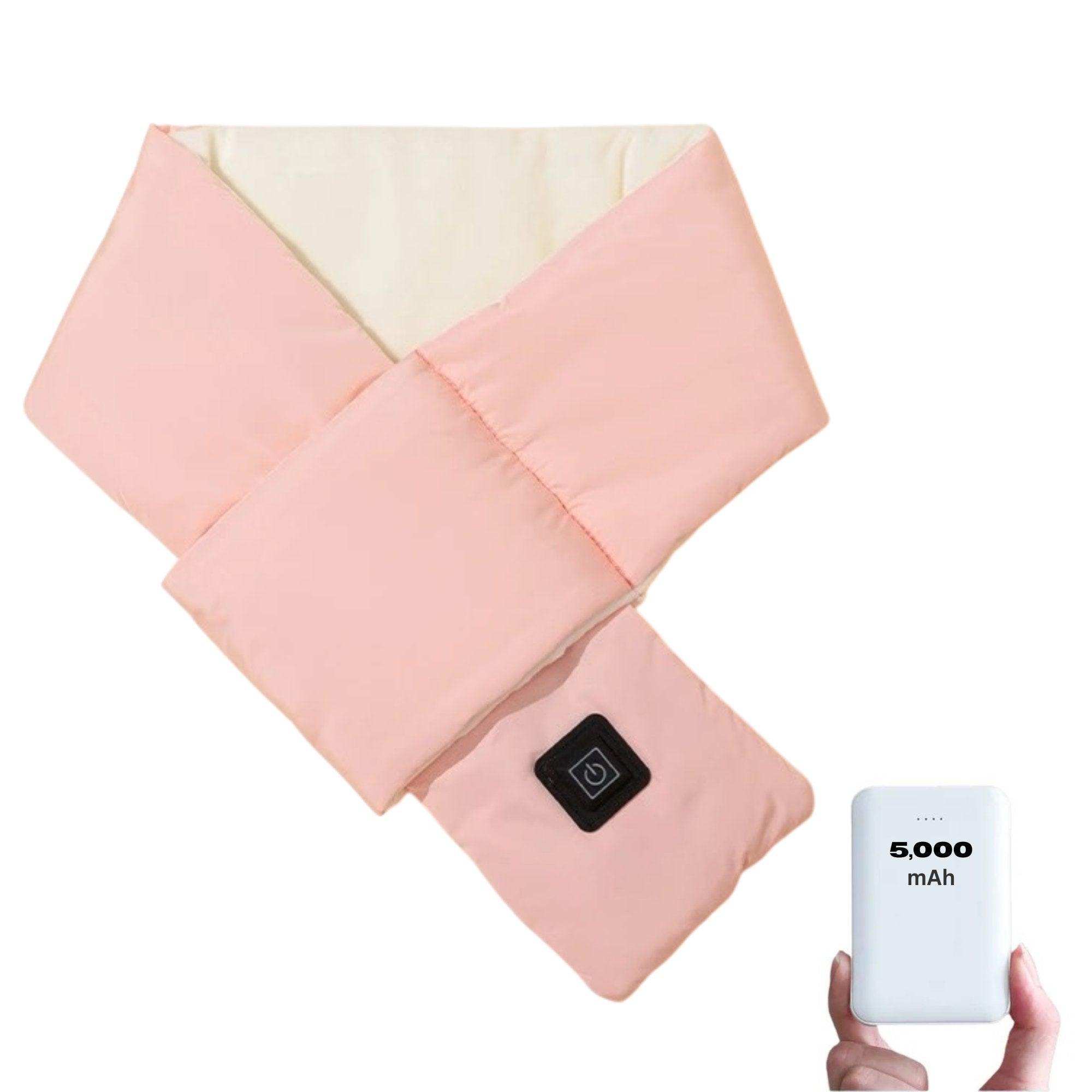 Pink heated scarf with control button, 5000mAh power bank shown in hand, unisex TUTT