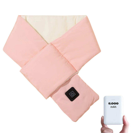 Pink heated scarf with control button, 5000mAh power bank shown in hand, unisex TUTT