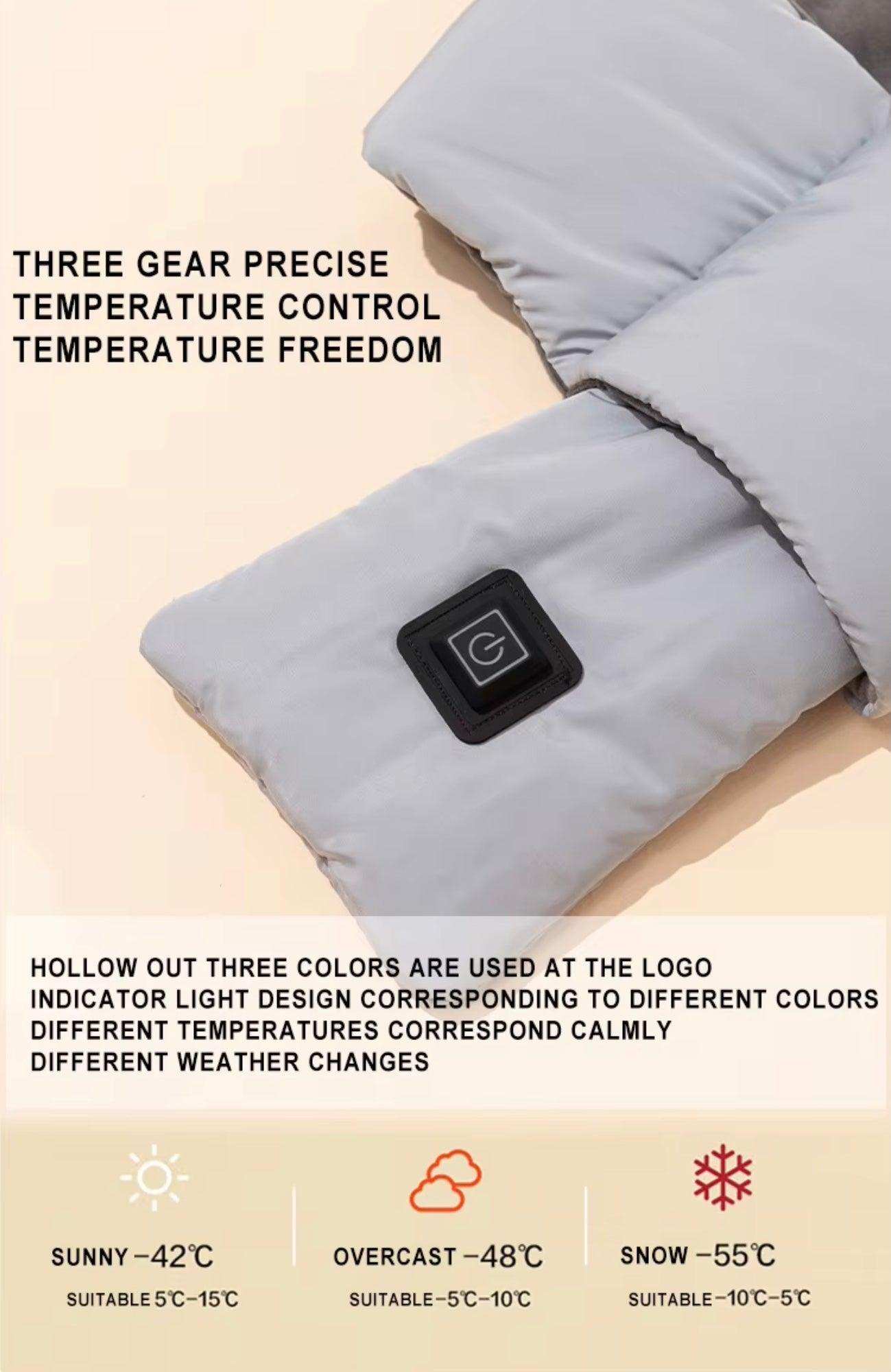 Gray heated scarf with power button logo, three heat levels, temperature guide, unisex TUTT