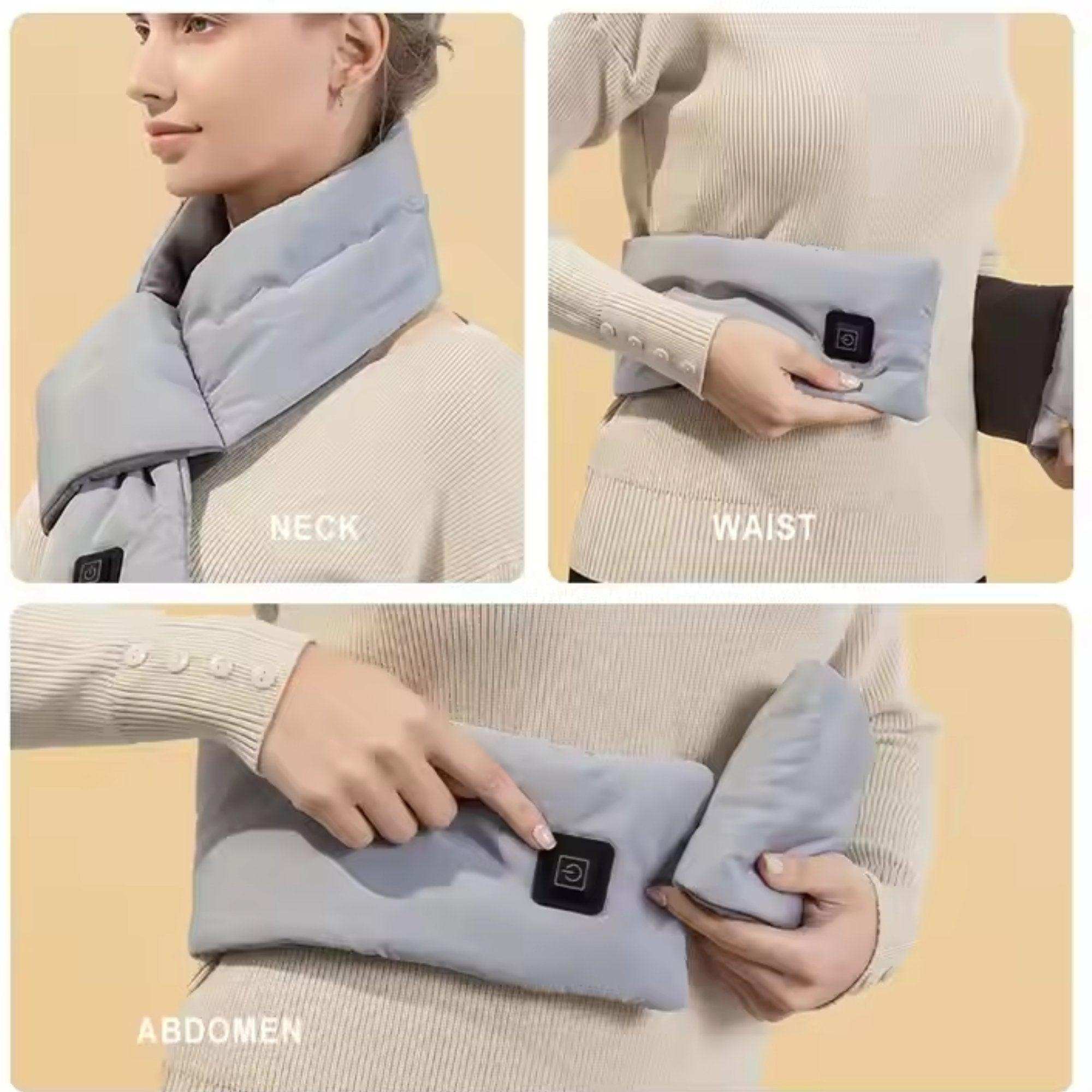 Unisex heated scarf in light gray worn on neck, waist, and abdomen with control button, TUTT