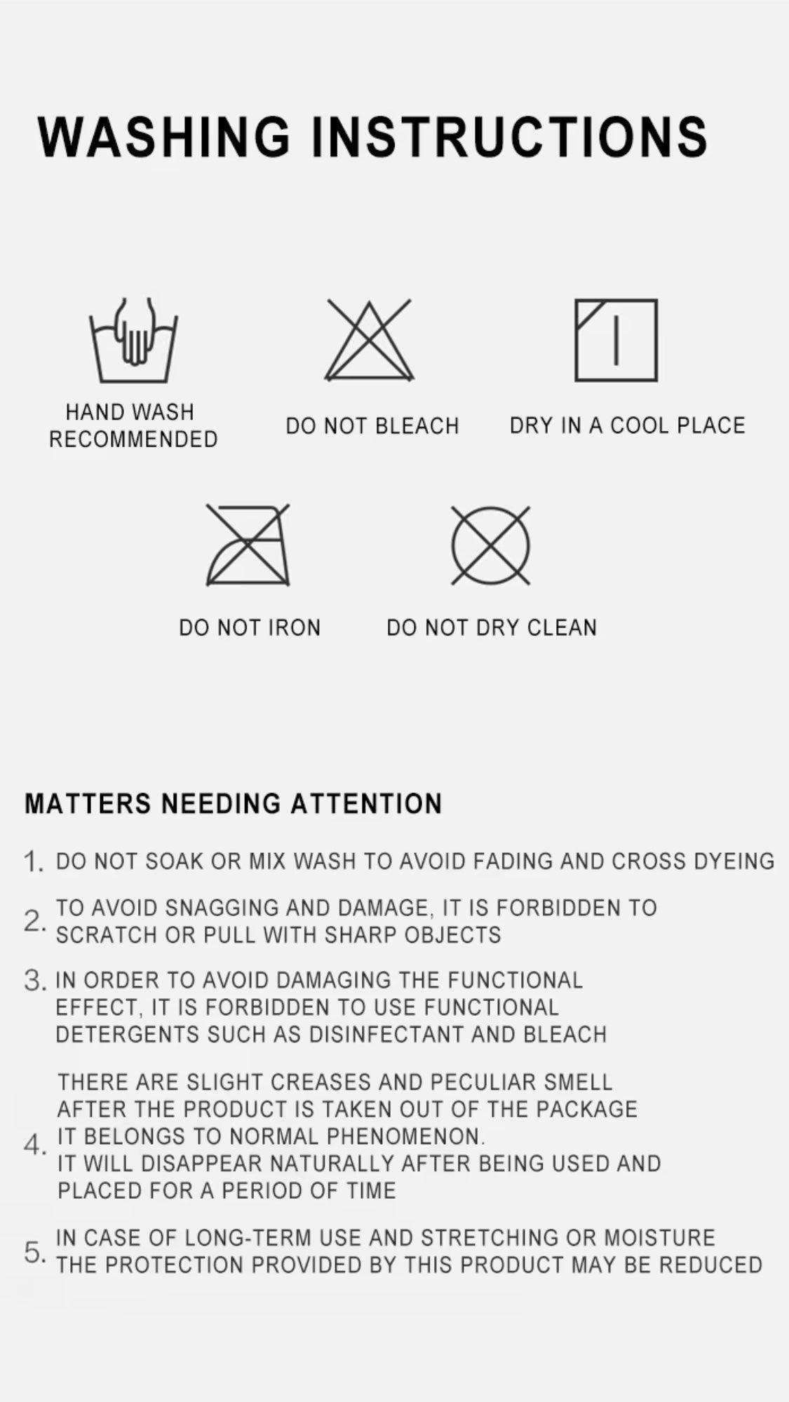 Washing instructions and care symbols for heated scarf, black text on white background. TUTT