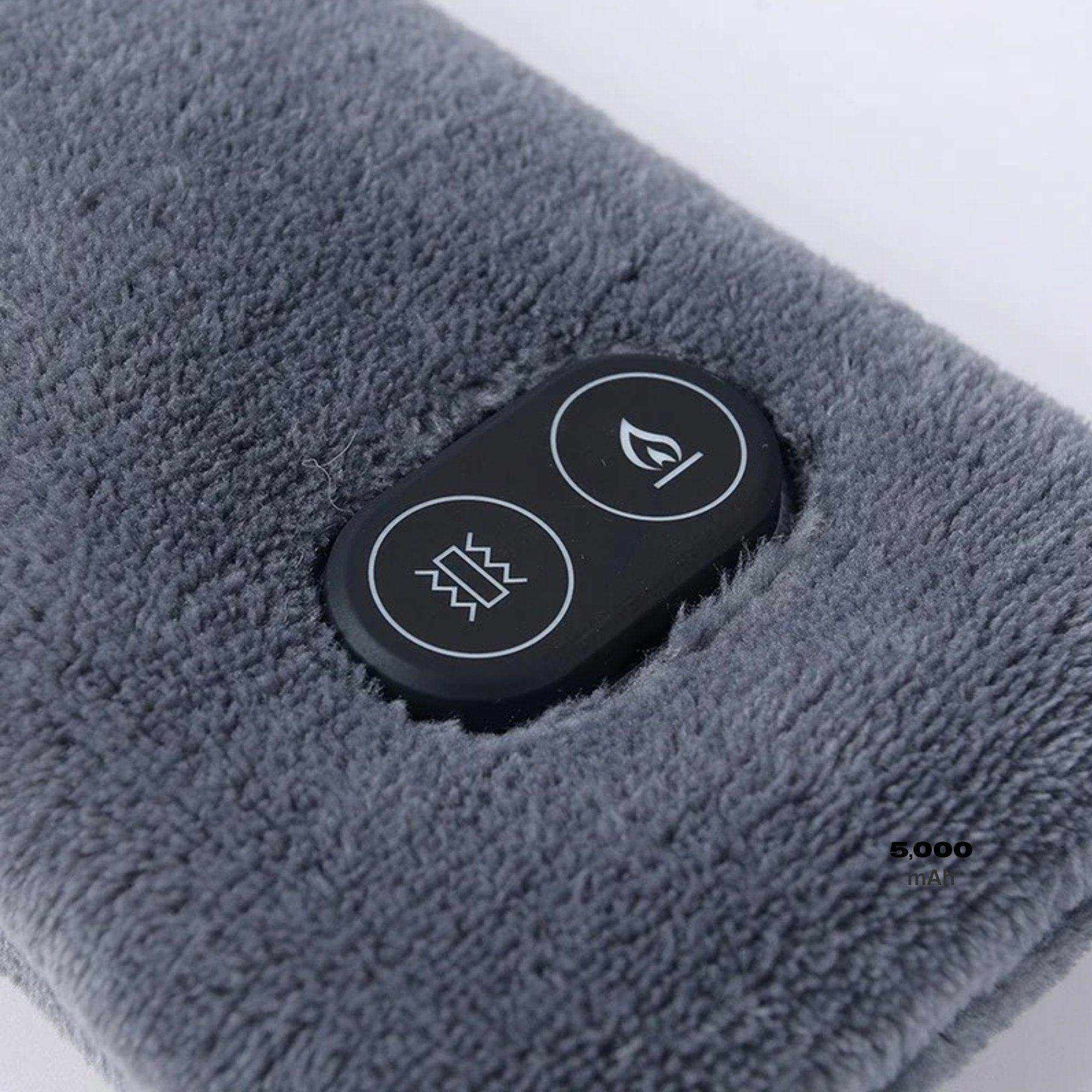 Close-up of grey heated scarf with control buttons, soft fleece texture, 5000mAh power bank, TUTT