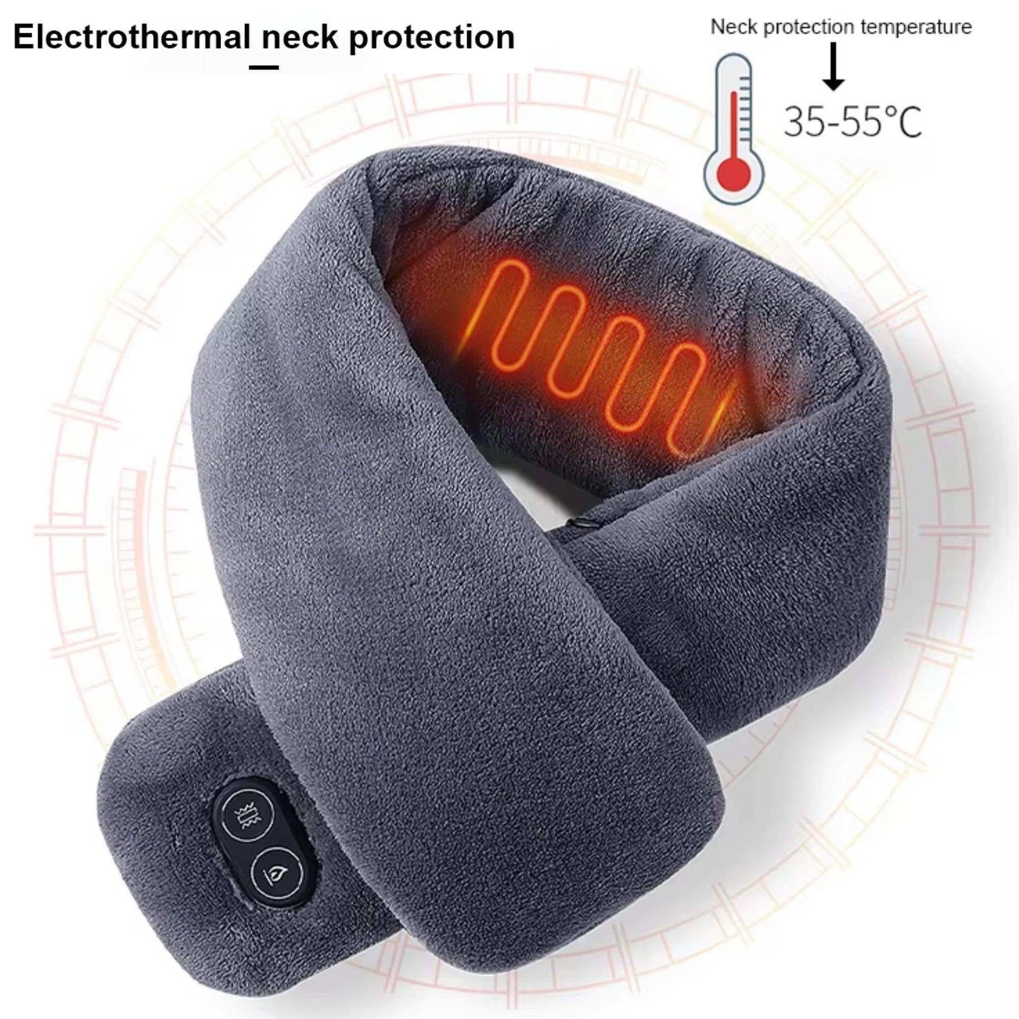 Gray heated scarf with visible heating element and control buttons for neck pain relief, TUTT