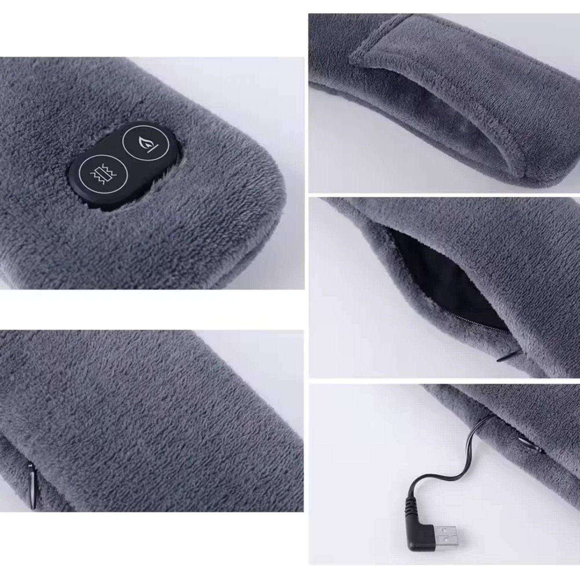 Gray heated scarf with neck massager, USB charging port, buttons for heat and vibration, soft fabric TUTT